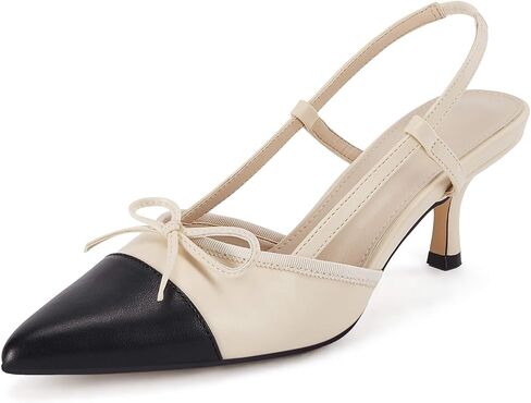 Coutgo المرأة القوس التعادل Slingback مضخات وأشار اصبع القدم هريرة كعب منخفض المرقعة اللباس الصنادل ذات الكعب العالي in Saudi Arabia