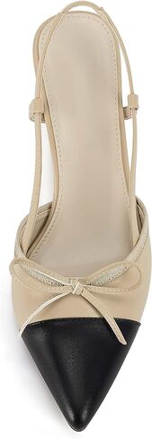 Coutgo المرأة القوس التعادل Slingback مضخات وأشار اصبع القدم هريرة كعب منخفض المرقعة اللباس الصنادل ذات الكعب العالي in Saudi Arabia