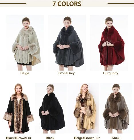 SUFCOMOU Women Poncho Cape Shawl Wrap Open Front Winter Faux Fur Trim Coat With Hooks Cardigan Dressy Cloak Tops in Saudi Arabia