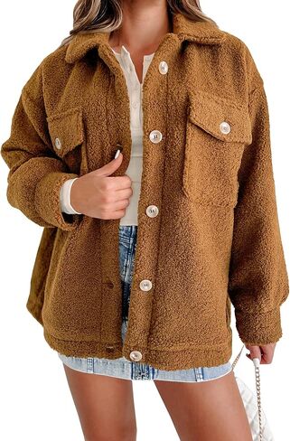 Misng Women's 2023 Faux Shearling Shaggy Oversized Shacket Jacket Long Sleeve Casual Winter Lapel Button Fuzzy Coats in Saudi Arabia