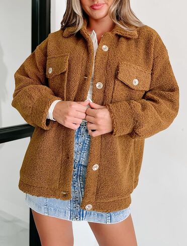 Misng Women's 2023 Faux Shearling Shaggy Oversized Shacket Jacket Long Sleeve Casual Winter Lapel Button Fuzzy Coats in Saudi Arabia