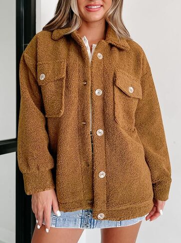 Misng Women's 2023 Faux Shearling Shaggy Oversized Shacket Jacket Long Sleeve Casual Winter Lapel Button Fuzzy Coats in Saudi Arabia