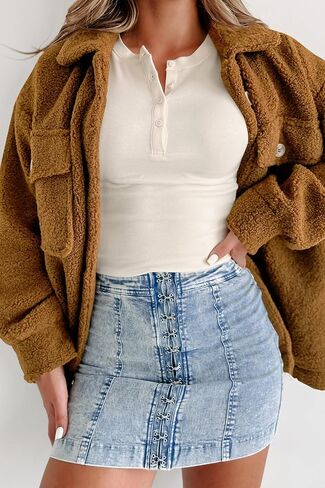 Misng Women's 2023 Faux Shearling Shaggy Oversized Shacket Jacket Long Sleeve Casual Winter Lapel Button Fuzzy Coats in Saudi Arabia