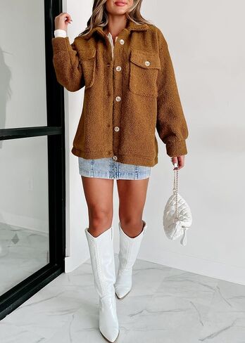Misng Women's 2023 Faux Shearling Shaggy Oversized Shacket Jacket Long Sleeve Casual Winter Lapel Button Fuzzy Coats in Saudi Arabia