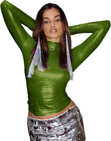 Women's Shiny Metallic Short Sleeve T Shirt Sexy Mock Neck Slim Crop Top Party Disco Club Tees in Saudi Arabia