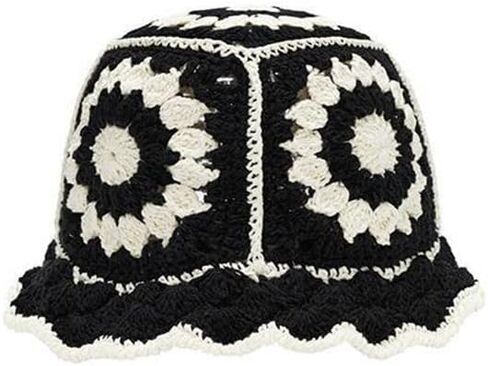 Women's Knitted Beanies Cap, Leisure Fisherman's Hat, Boho Knitting Bucket Hat, Floral Basin Cap(Black), Black, One size in Kuwait