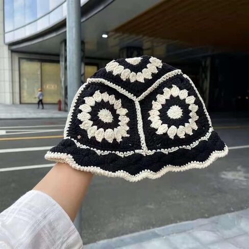 Women's Knitted Beanies Cap, Leisure Fisherman's Hat, Boho Knitting Bucket Hat, Floral Basin Cap(Black), Black, One size in Kuwait