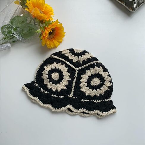 Women's Knitted Beanies Cap, Leisure Fisherman's Hat, Boho Knitting Bucket Hat, Floral Basin Cap(Black), Black, One size in Kuwait