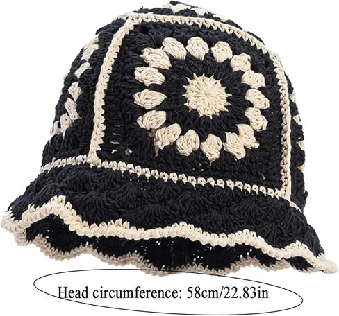 Women's Knitted Beanies Cap, Leisure Fisherman's Hat, Boho Knitting Bucket Hat, Floral Basin Cap(Black), Black, One size in Kuwait