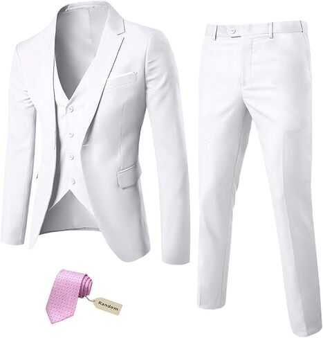 MYS Men's 3 Piece Slim Fit Suit Set, One Button Solid Jacket Vest Pants with Tie Natural White in Kuwait