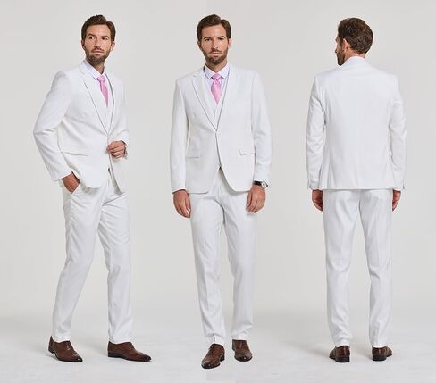 MYS Men's 3 Piece Slim Fit Suit Set, One Button Solid Jacket Vest Pants with Tie Natural White in Kuwait