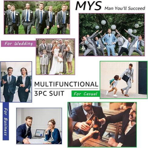 MYS Men's 3 Piece Slim Fit Suit Set, One Button Solid Jacket Vest Pants with Tie Natural White in Kuwait