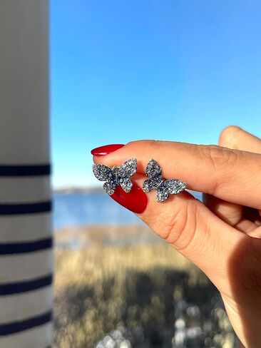 1 2/5 Carat White and Blue Sapphire Butterfly Stud Earrings for Women in 14k White Gold Studs with Push Back by LeVian in Kuwait