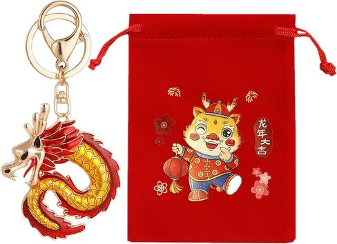 ايسوين سلسلة مفاتيح بتصميم تنين للعام الصيني الجديد 2024 مع حقيبة برباط حمراء، حلقة مفاتيح معدنية رقيقة لحقائب السيارة، زينة معلقة لتزيين الربيع ومهرجان الابراج، قطعة واحدة in Kuwait