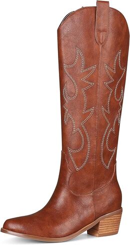 VIMISAOI Western Cowgirl أحذية طويلة للركبة للنساء، أزياء ريترو سحب على مقدمة مدببة واسعة الساق طويلة كتلة مكتنزة كعب مطرز أحذية رعاة البقر in Kuwait