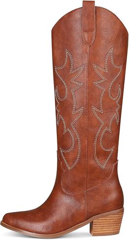 VIMISAOI Western Cowgirl أحذية طويلة للركبة للنساء، أزياء ريترو سحب على مقدمة مدببة واسعة الساق طويلة كتلة مكتنزة كعب مطرز أحذية رعاة البقر in Kuwait