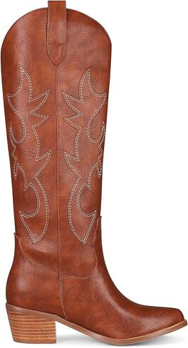 VIMISAOI Western Cowgirl أحذية طويلة للركبة للنساء، أزياء ريترو سحب على مقدمة مدببة واسعة الساق طويلة كتلة مكتنزة كعب مطرز أحذية رعاة البقر in Kuwait