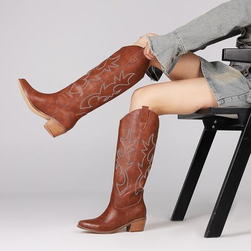 VIMISAOI Western Cowgirl أحذية طويلة للركبة للنساء، أزياء ريترو سحب على مقدمة مدببة واسعة الساق طويلة كتلة مكتنزة كعب مطرز أحذية رعاة البقر in Kuwait