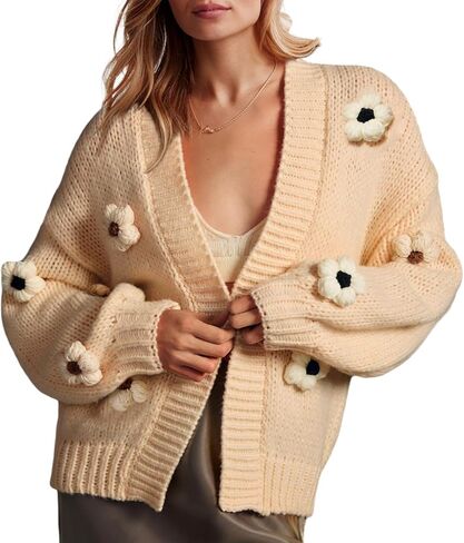 ELLENWELL سترة صوفية منسوجة على شكل زهرة للنساء فضفاضة بأكمام طويلة ومفتوحة من الأمام معاطف خارجية in Kuwait