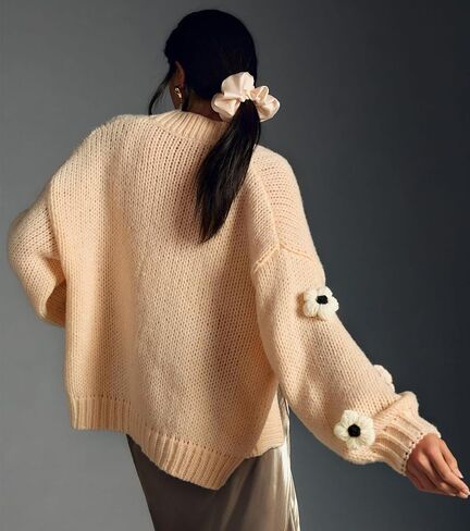 ELLENWELL سترة صوفية منسوجة على شكل زهرة للنساء فضفاضة بأكمام طويلة ومفتوحة من الأمام معاطف خارجية in Kuwait