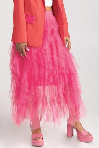 Women's Midi Length Skirt 3D Layered Floral Printed Elastic Waist Tulle Midi Skirts in Kuwait