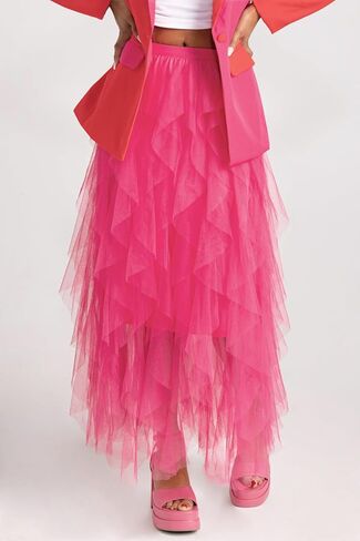 Women's Midi Length Skirt 3D Layered Floral Printed Elastic Waist Tulle Midi Skirts in Kuwait
