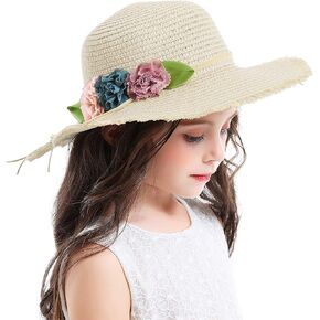 قبعة Bienvenu Girl Kids Sun Hat صيفية بحافة واسعة مرنة للشاطئ قبعة واقية من الشمس مع زهور in Kuwait
