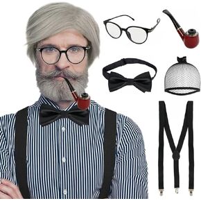 ANOGOL Hair Cap+ +{1 Glasses+ 1 Bow Tie + 1 Pipe+1 Suspenders} Old Mens Wig With Short Grey Wig For Old Man Costume For Halloween Cosplay Party Peluca in Kuwait