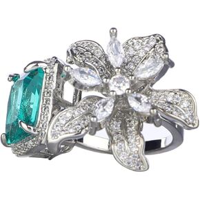 Kercisbeauty Statement Zircon Emeral Green Crystal Flower Sterling Silver Plating Silver Open Ring for Wedding Brides Women Girls Sparkle Rhinestones Jewelry in Kuwait