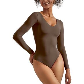 SUUKSESS Women V Neck Long Sleeve Bodysuit Sexy Thong Bodysuit Shirts