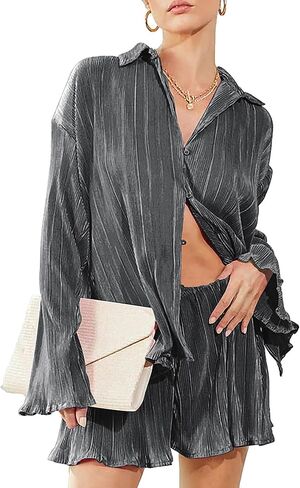 BLANCHES 2 Piece Outfits For Women - Lounge Sets Pajama Sets Long Sleeve Button Down Shirts And Shorts Fall Tracksuit in Kuwait