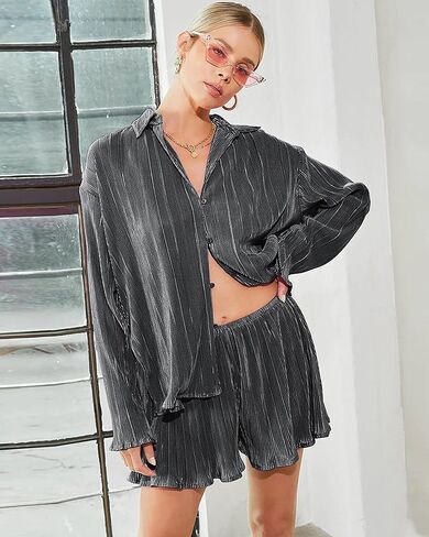 BLANCHES 2 Piece Outfits For Women - Lounge Sets Pajama Sets Long Sleeve Button Down Shirts And Shorts Fall Tracksuit in Kuwait