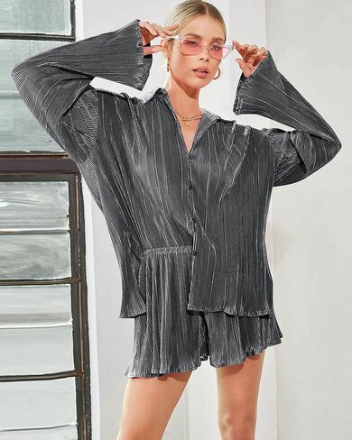 BLANCHES 2 Piece Outfits For Women - Lounge Sets Pajama Sets Long Sleeve Button Down Shirts And Shorts Fall Tracksuit in Kuwait