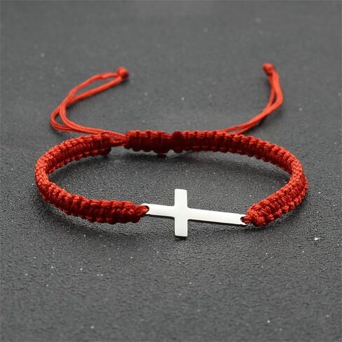 Handmade Cross Braided Protection Bracelet for Women Men Girls Boys Stainless Steel Charm Red Black String Rope Lucky Strand Bracelets for Christian Birthday Christmas Religious Jewelry Gifts in Kuwait