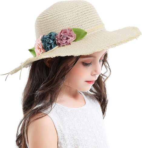 قبعة Bienvenu Girl Kids Sun Hat صيفية بحافة واسعة مرنة للشاطئ قبعة واقية من الشمس مع زهور in Kuwait