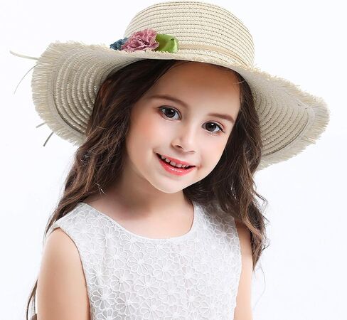قبعة Bienvenu Girl Kids Sun Hat صيفية بحافة واسعة مرنة للشاطئ قبعة واقية من الشمس مع زهور in Kuwait