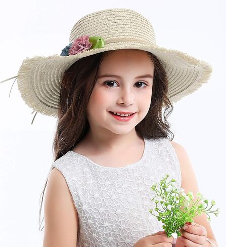 قبعة Bienvenu Girl Kids Sun Hat صيفية بحافة واسعة مرنة للشاطئ قبعة واقية من الشمس مع زهور in Kuwait