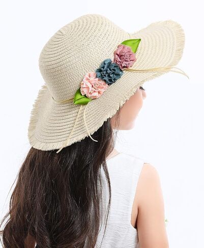 قبعة Bienvenu Girl Kids Sun Hat صيفية بحافة واسعة مرنة للشاطئ قبعة واقية من الشمس مع زهور in Kuwait