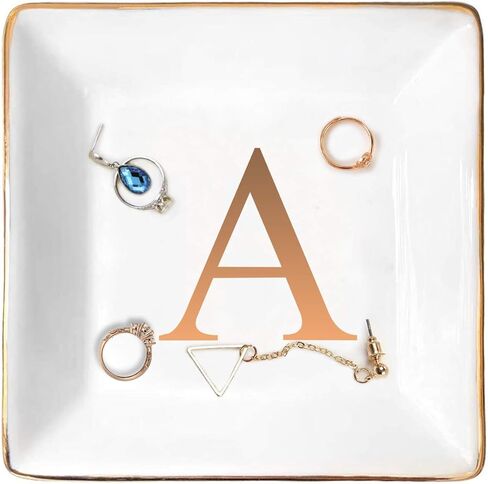 ANOTION Jewelry Tray Ring Dish with Initial Gift- Personalized Trinket Dish and Jewelry Dish with Gold Initials Key Bowl Ceramic Holder, Unique Wedding or Engagement Present in Saudi Arabia