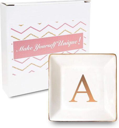 ANOTION Jewelry Tray Ring Dish with Initial Gift- Personalized Trinket Dish and Jewelry Dish with Gold Initials Key Bowl Ceramic Holder, Unique Wedding or Engagement Present in Saudi Arabia
