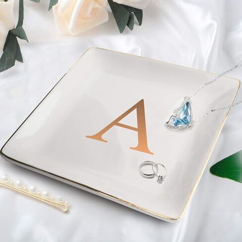 ANOTION Jewelry Tray Ring Dish with Initial Gift- Personalized Trinket Dish and Jewelry Dish with Gold Initials Key Bowl Ceramic Holder, Unique Wedding or Engagement Present in Saudi Arabia