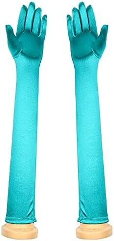 Junpeixi 22" Long Opera Satin Gloves Stretchy Adult Size, Turquoise/Malachite Green in Saudi Arabia