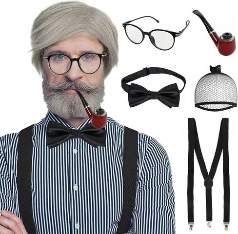 Anogol Hair Cap+ 5 pcs Set Old Mens Wig for 100 Days of School Costume Grandpa Wig Short Grey Wig For Halloween Cosplay Party Wig(1 Glasses+ 1 Bow Tie+ 1 Pipe+ 1 Suspenders) in Saudi Arabia