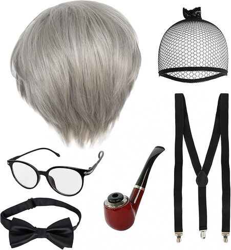 Anogol Hair Cap+ 5 pcs Set Old Mens Wig for 100 Days of School Costume Grandpa Wig Short Grey Wig For Halloween Cosplay Party Wig(1 Glasses+ 1 Bow Tie+ 1 Pipe+ 1 Suspenders) in Saudi Arabia