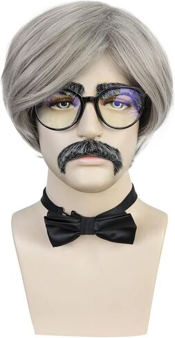 Anogol Hair Cap+ 5 pcs Set Old Mens Wig for 100 Days of School Costume Grandpa Wig Short Grey Wig For Halloween Cosplay Party Wig(1 Glasses+ 1 Bow Tie+ 1 Pipe+ 1 Suspenders) in Saudi Arabia