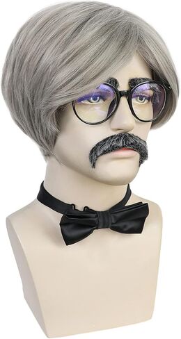 Anogol Hair Cap+ 5 pcs Set Old Mens Wig for 100 Days of School Costume Grandpa Wig Short Grey Wig For Halloween Cosplay Party Wig(1 Glasses+ 1 Bow Tie+ 1 Pipe+ 1 Suspenders) in Saudi Arabia