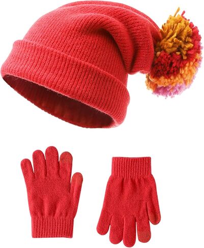 مجموعة قبعة وقفازات شتوية للأطفال قبعة صغيرة محبوكة دافئة مع بوم بوم - مجموعة قبعات وقفازات ناعمة وسميكة للفتيات والأولاد in Kuwait