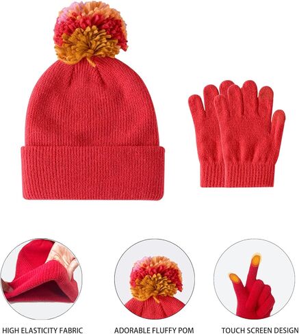 مجموعة قبعة وقفازات شتوية للأطفال قبعة صغيرة محبوكة دافئة مع بوم بوم - مجموعة قبعات وقفازات ناعمة وسميكة للفتيات والأولاد in Kuwait