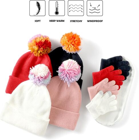 مجموعة قبعة وقفازات شتوية للأطفال قبعة صغيرة محبوكة دافئة مع بوم بوم - مجموعة قبعات وقفازات ناعمة وسميكة للفتيات والأولاد in Kuwait