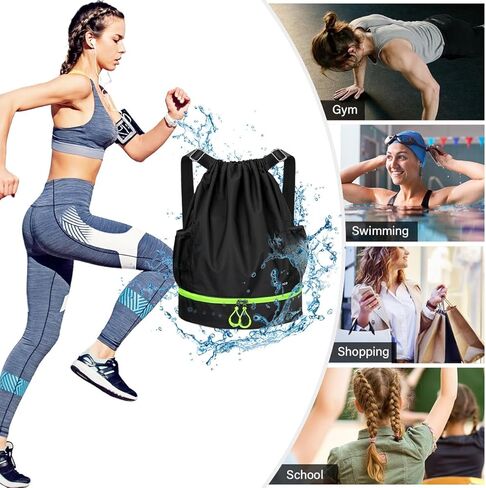 حقيبة ظهر رياضية برباط من رياكو، حقيبة رياضية مقاومة للماء، حجم كبير مع سحاب وجيوب شبكية لزجاجة المياه لصالة الألعاب الرياضية والتسوق والرياضة واليوجا والمدرسة والسباحة والشاطئ (أسود وأخضر نيون) in Kuwait